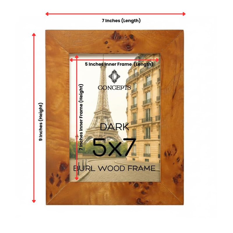 Ensemble de 4 cadres photo en bois de ronce de 5 po x 7 po pour mur ou table, Brun, 5 po x 7 po