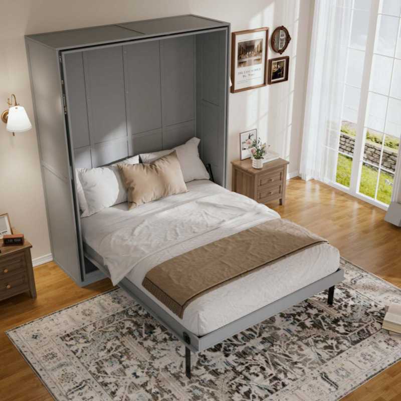 Rotating Murphy Bed with Hidden Storage Racks, Space-Saving Multifunctional Wall Bed for Home Office & Small Rooms, Gray