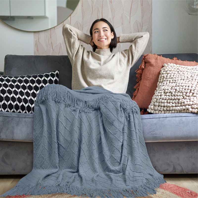 Twin Dusty Blue Knitted Fleece Reversible Throw Blanket
