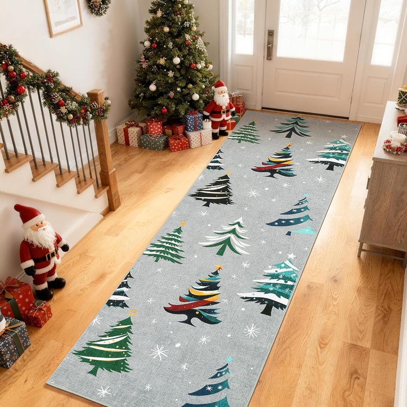 Runner Rug, Washable Rug for Home Decor, Indoor Non Slip Carpet, Soft Low Pile Christmas Rugs with Xmas Tree Motif for Kitchen, Entryway, Living Room, Bedroom