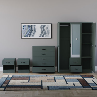 Tayce 4 Piece Bedroom Set (1 Drawer Bedside Chest X2, 5 Drawer Chest, 3 Door 2 Drawer Mirrored Wardrobe)