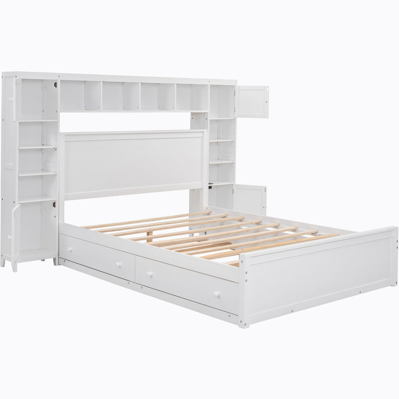 Brython Bookcase Storage 2 Drawers Platform Bed with Trundle, Queen, White