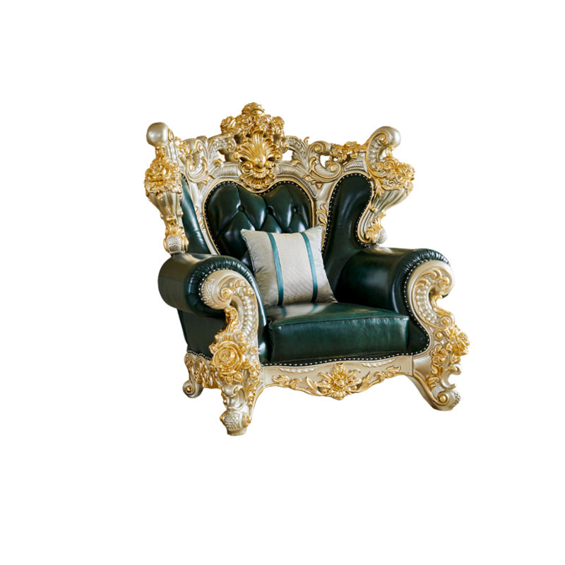 Fauteuil sculpté en bois massif avec fauteuil en cuir de vache de 54,33 po de largeur