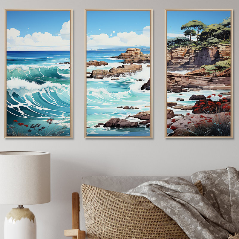 Ensemble de salon Blue Beach Waves Fusion II - Beach Wall Art, Cadre naturel flottant, H 40 po x l 60 po x P 1 po
