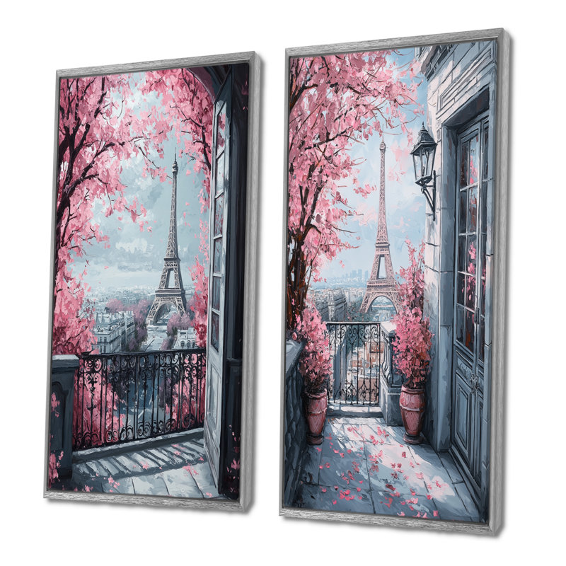 Ensemble de 2 pièces d'art mural Paris Eiffel Paris View I - City Paris, H 28 po x l 24 po, Cadre argenté flottant
