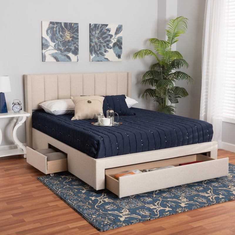 Valirie Upholstered Wingback Storage Bed, Beige, Queen