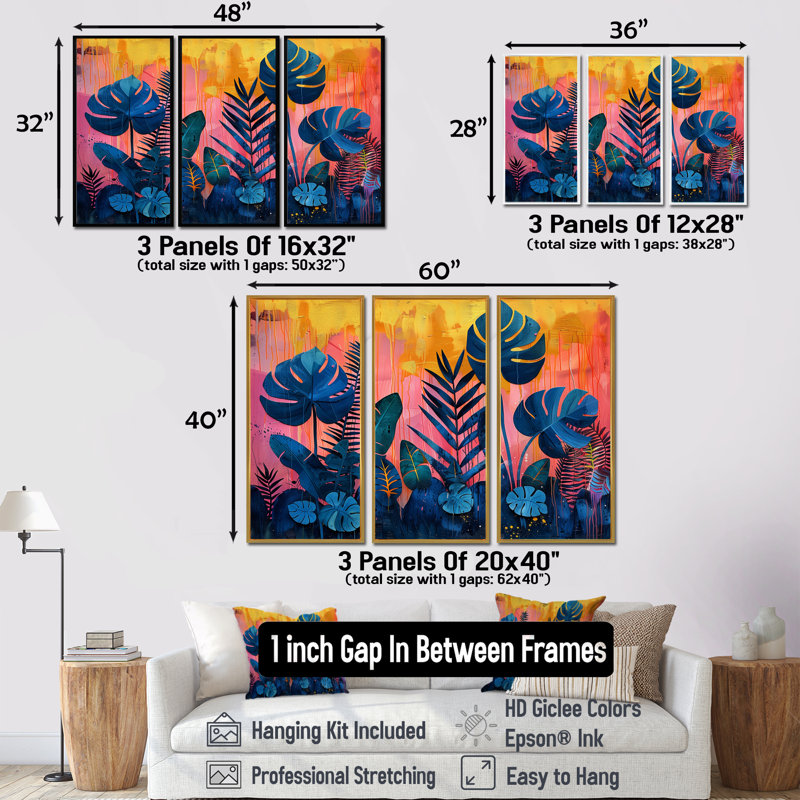 Burkittsville - Ensemble d'art mural palmiers et palmiers, H 12 po x l 28 po x P 1 po, Toile avec cadre flottant noir