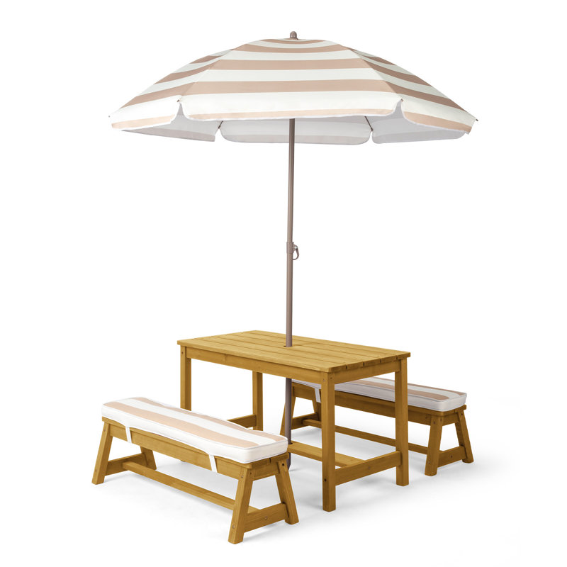 Kids Wood Rectangle Outdoor Picnic Table And Bench With Umbrella And Cushion, Brown