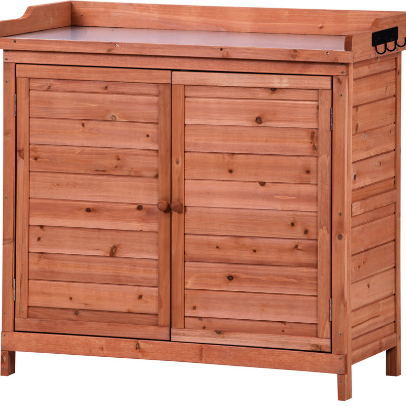 Banc de rempotage orange pour jardin extérieur, 39 po avec 2 tablettes, table de travail galvanisée et banc de travail avec crochets latéraux, orange et pouce bonheur bonheur