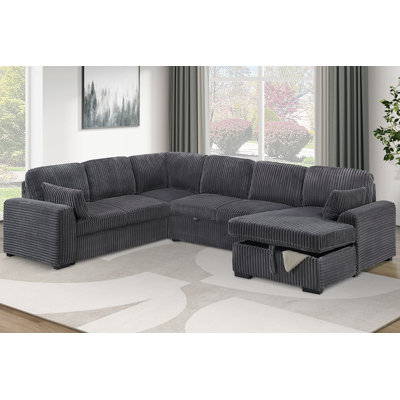Sleeper Sofa W/ Pull-Out Bed RAF Chaise Storage Gray Corduroy 4-Piece Convertible Sectional Set Living Room Upholstered