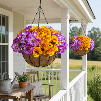 Outdoor Artificial Hanging Plants with Basket Pansy Delphinium Artificial Flower Porch Patio Yard Decor