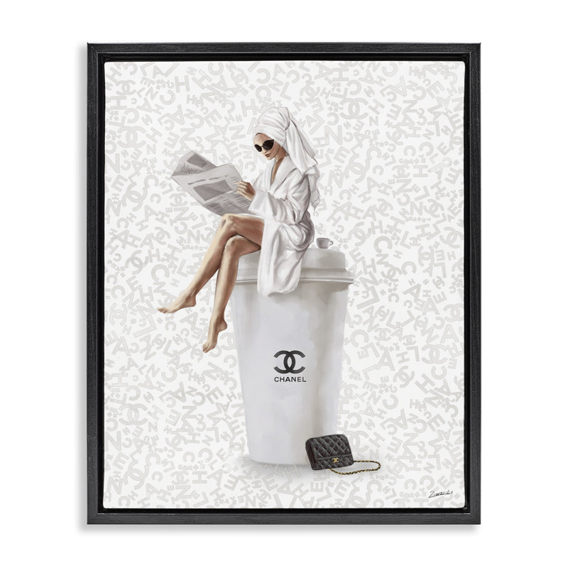 «Glam Girl Bath peignoir», art mural sur toile flottante noire par Ziwei Li, Cadre flottant noir de jais, H 21 po x l 17 po
