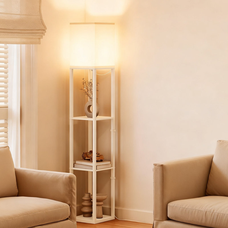 63'' Column Floor Lamp With Shelves and Bulb Included, White