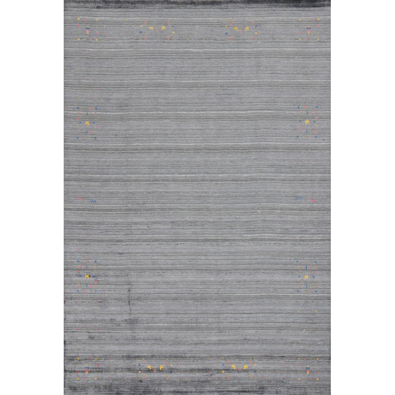 Tapis gris élégant de style Gabbeh 9 x 12 avec des détails géométriques subtils