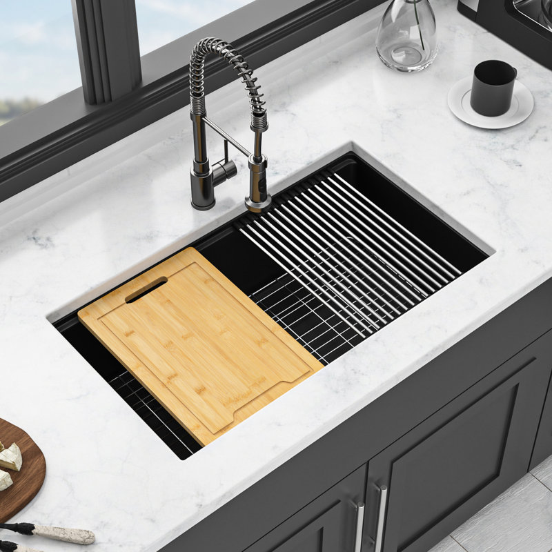 Black 32X19" Granite Composite Quartz Sink For Kitchen Workstation, Eliminates Noise And Dirt Hiding, Non - Porous Surface, Package With Cutting Board Installation Guide Undermount Sink, Color,