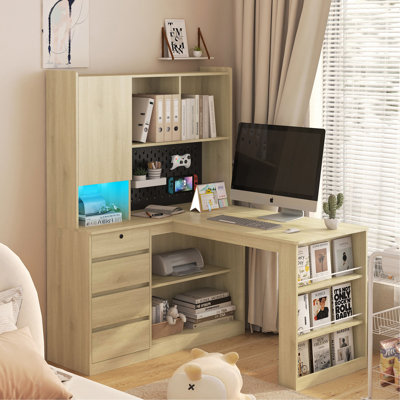 Bureau en L avec chargeur, bureau d'ordinateur avec tiroirs, bibliothèque, avec éclairage à DEL, bureau d'angle moderne, bureau à domicile, bureau d'écriture en L, bureau d'ordinateur de coin avec rangement