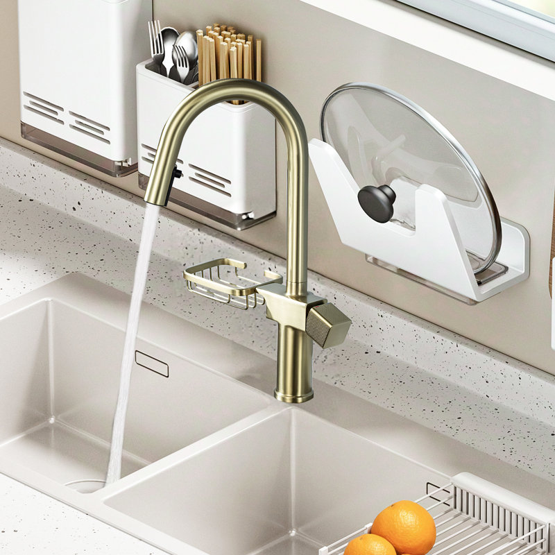 Single Hole High - Arc Pull Down Kitchen Faucet Of 304 Stainless Steel, Dual Spray Modes, 360 Rotation And Storage Shelf Design, Leak Ceramic Cartridge Tenacity
