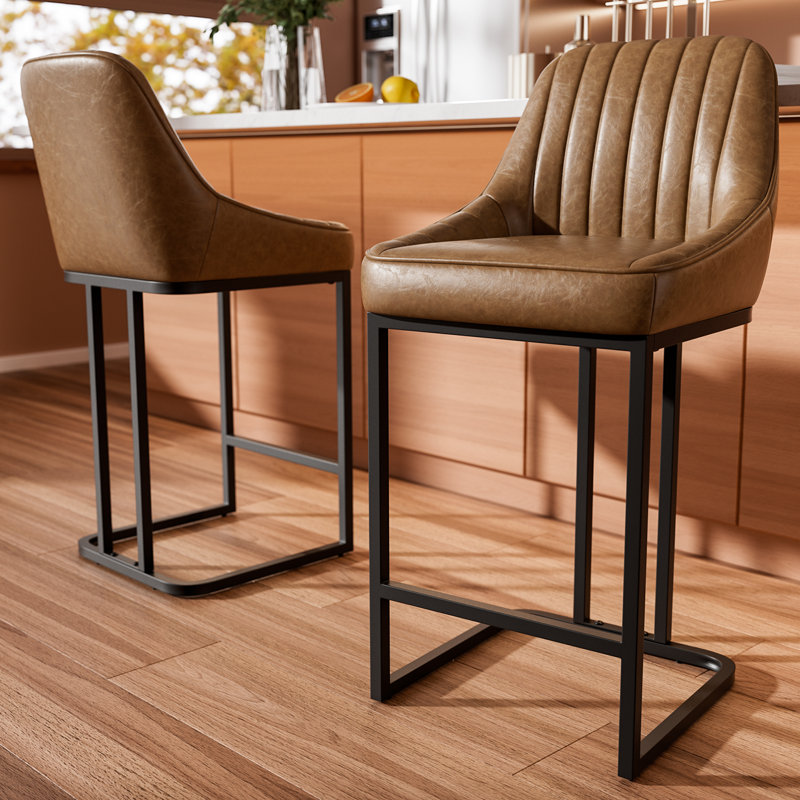 Bar Stools Set of 2, 24 Inch Barstools with SturdyLegs, Brown Leather Farmhouse Upholstered Counter Height Bar Stool for Kitchen, Dining, Bar