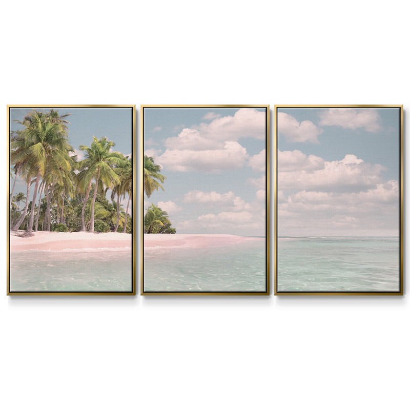Pind sable et palmiers encadrés sur toile, 3 pièces, H 40 po x l 78 po x P 2 po, Or