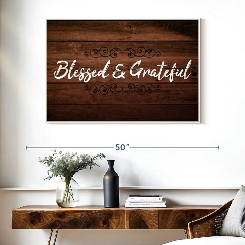 Bienheureux et reconnaissant, typographie I, Cadre flottant blanc, 40 po x 27 po