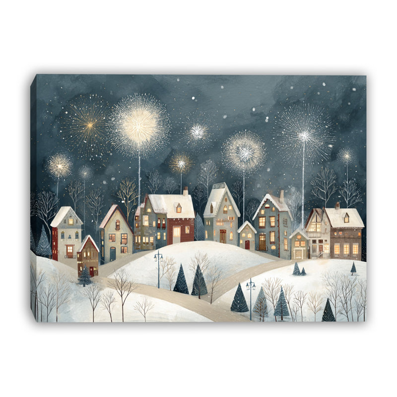 «Winter Fireworks Village», art mural sur toile tendue, 12 po x 16 po