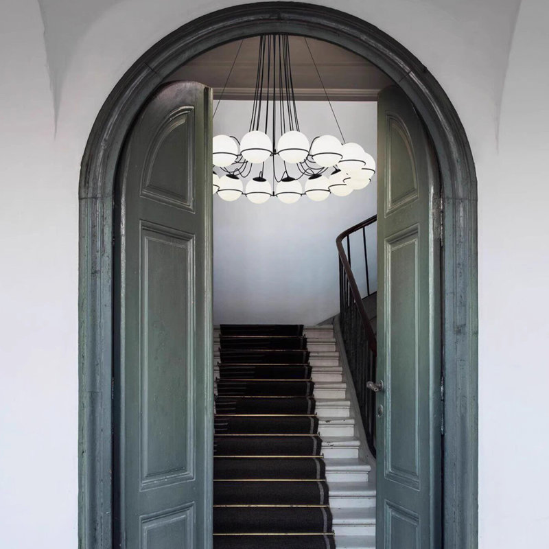 Luminaire suspendu sphérique en verre blanc de style médiéval français 37,4 po pour hall d'entrée, cage d'escalier