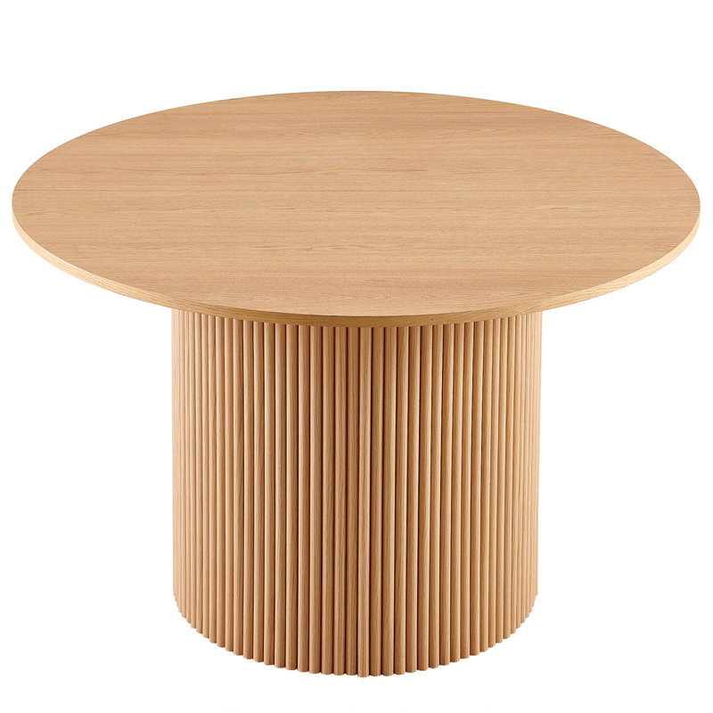 Walnut Wood Veneer Tabletop 47 Inch Round Dining Table For 4, Modern Farmhouse Kitchen Table, 47 Inch Round Dining Tables With Wood Strip Base
