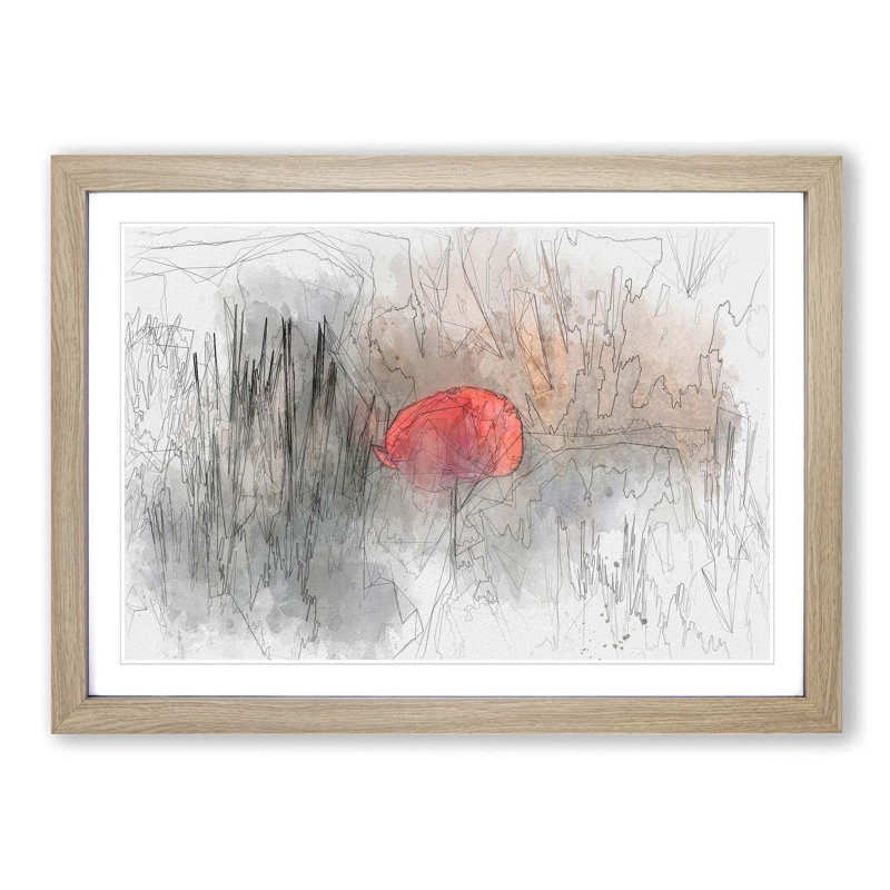 Red Poppy Flower in Abstract - Picture Frame Graphic Art Print, 27cm H x 36cm W x 2cm D, Oak Framed