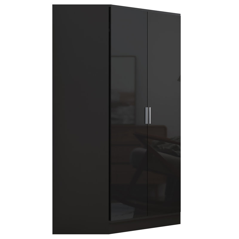 Eva High Gloss 2 Door Corner Wardrobe - H: 180cm x D: 103cm x W: 103cm , Black Oak/Gloss Black