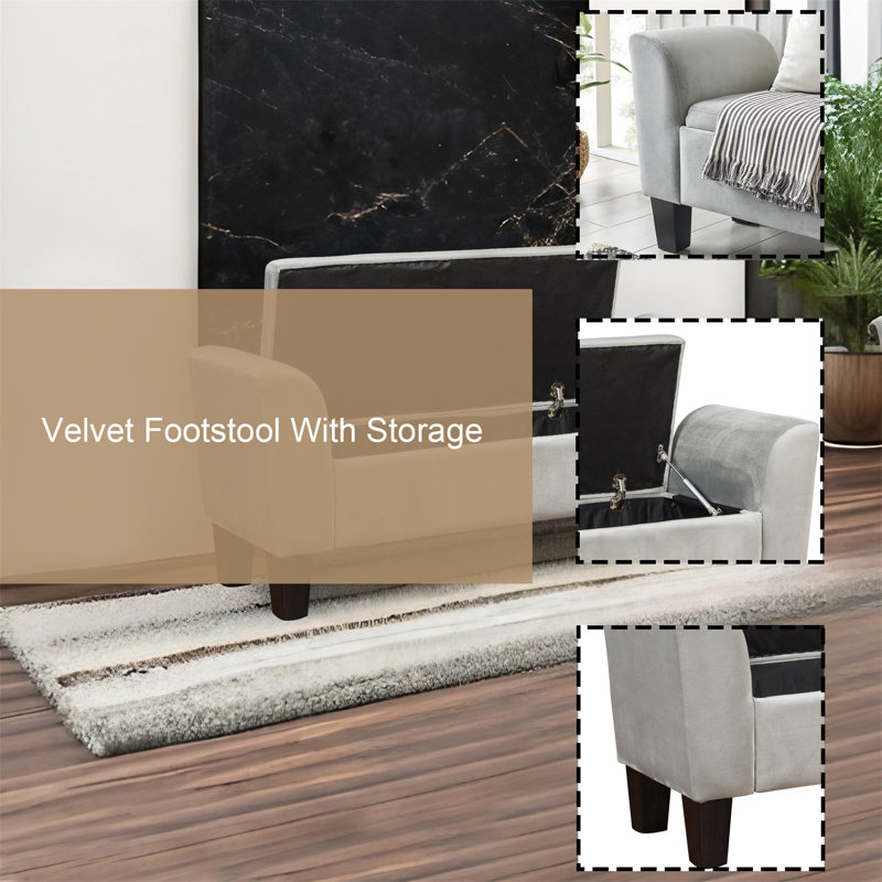 Rowton Velvet Upholstered Storage Bench, Gray