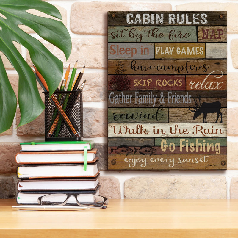 «Cabin Rules On Wood» par Jean Plout, art mural sur toile, H 16 po x l 12 po x P 0,75 po