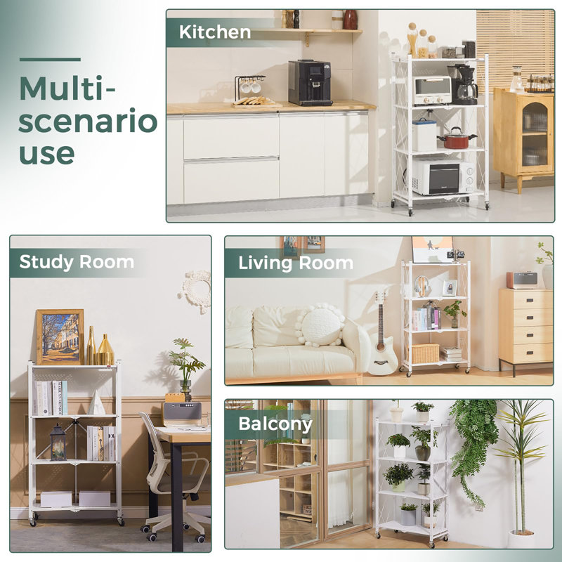 62cm W Metal Shelving Unit with Wheels, White