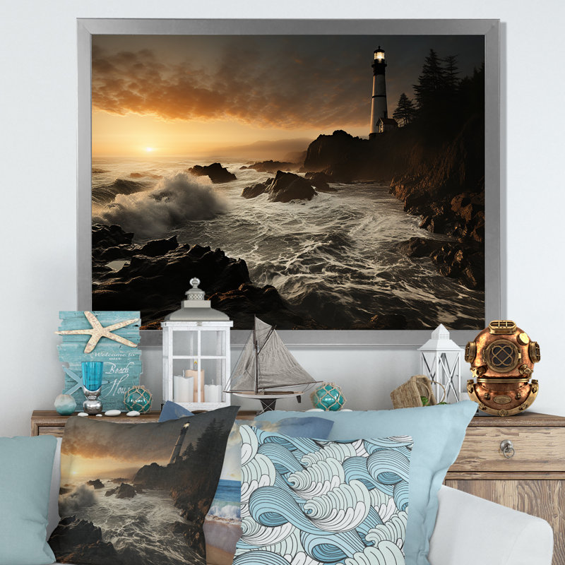 Coastal Light House Panorama - reproduction sur toile, Cadre de coin argenté fermé, H 34 po x l 44 po x P 1,5 po