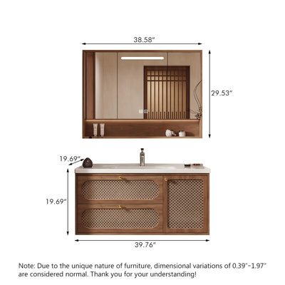 Meuble-lavabo vintage en bois d'hévéa massif avec panneau en rotin et armoire à miroir intelligente