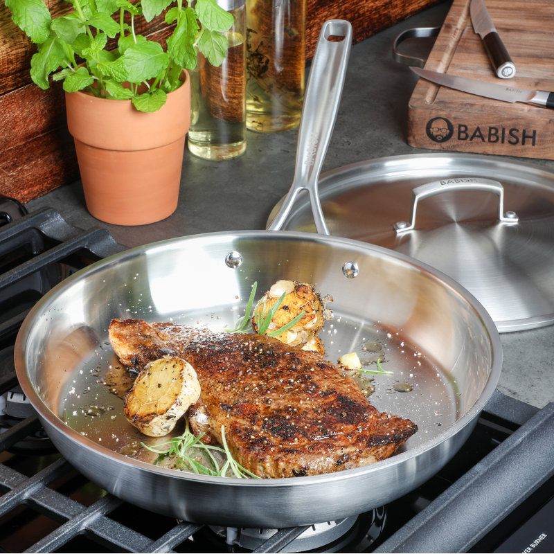 Babish 12.5-Inch Stainless Steel Non-Stick Fry Pan with Lid