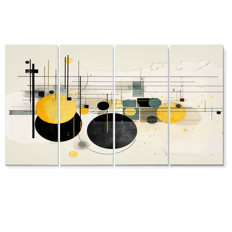 Circulaire Jazz en jaune et noir - ensemble d'art mural minimalisme 4 pièces, H 32 po x l 64 po