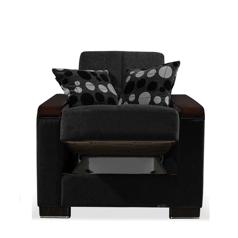 Fauteuil gris en chenille rembourré avec compartiment de rangement fonctionnel, en chenille de qualité