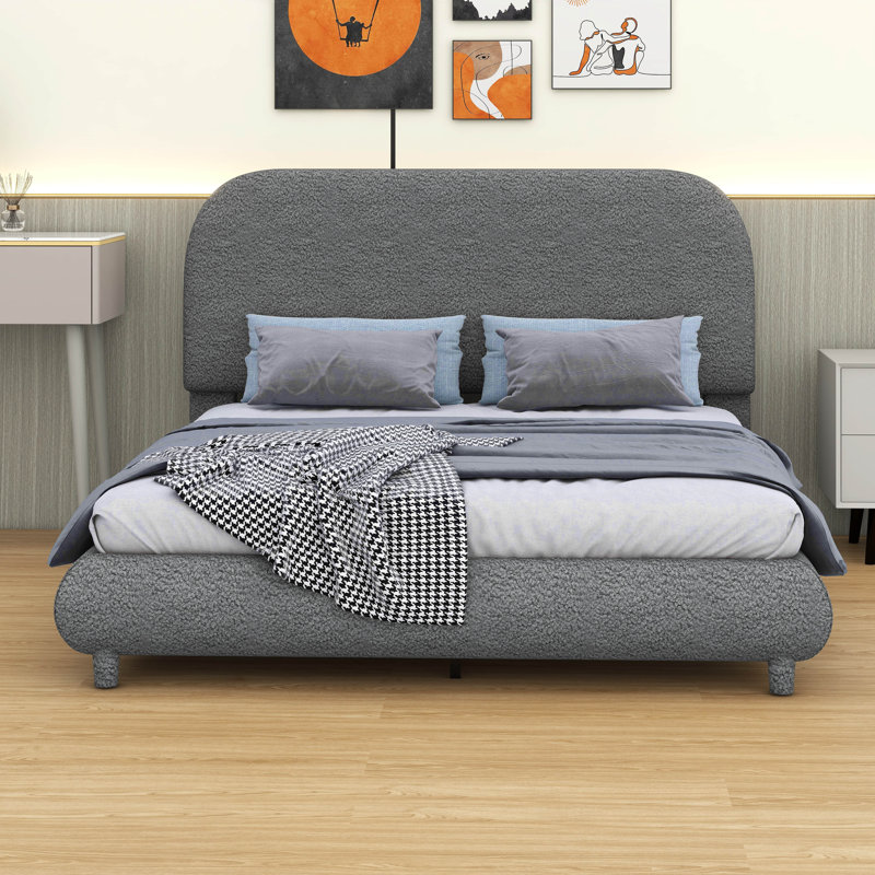 Lit plateforme en tissu d'ameublement Teddy, Gris, Double