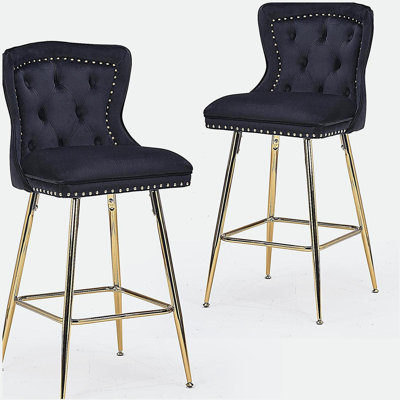 Tabourets de bar en velours à hauteur de comptoir avec pieds en métal, garniture capitonnée et têtes de clous (noir, ensemble de 2)
