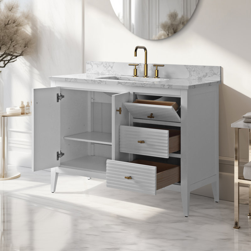 Ensemble de meuble-lavabo autoportant à simple cuve 42 po avec plateau en marbre Lavallon, Blanc linéaire, Doré brossé