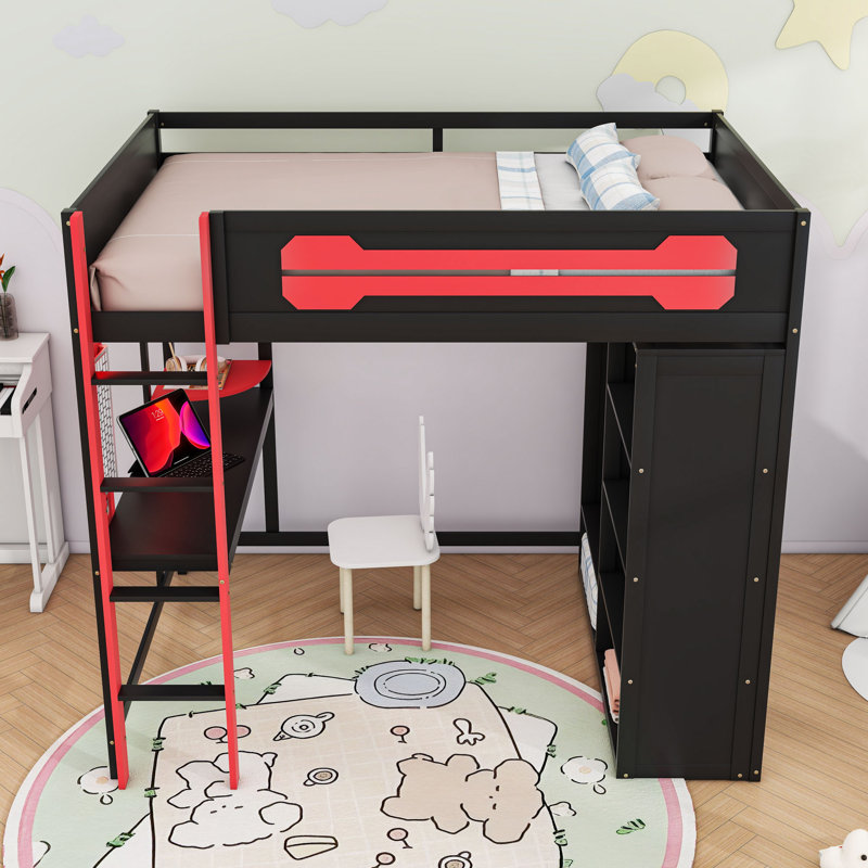 Full Size Wood Loft Bed with RGB Lighting and Desk, Red