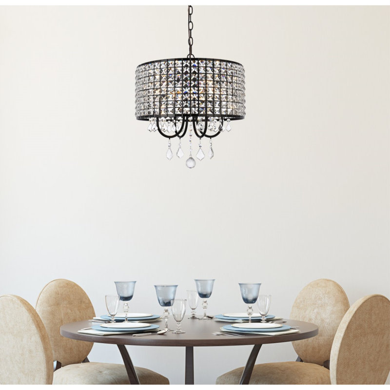 Armenio 4 - Light Unique Drum Chandelier with Crystal Accents, Black, Black/Clear, 15" H x 17" W x 17" D