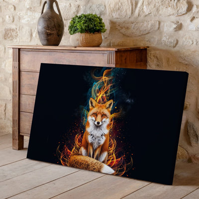 Canvas A Majestic Fox With A Vibrant Orange And White Coat Wall Art Sits Gracefully At The Center Surrounded By Swirling Flames That Canvas Wall Art