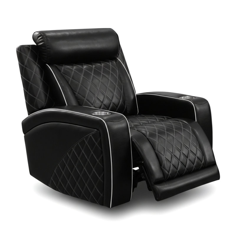 Fauteuil inclinable électrique en cuir noir respirant avec lumières DEL, charge USB et porte-gobelet - Canapé inclinable simple avec structure en bois massif et support à double ressort pour le salon et le cinéma maison