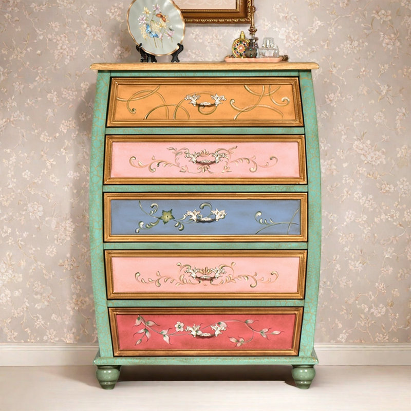 Commode décorative 5 tiroirs craquelée peinte à la main