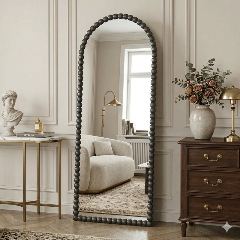 Miroir arqué pleine longueur, miroir décoratif perlé, 71"×28", Noir