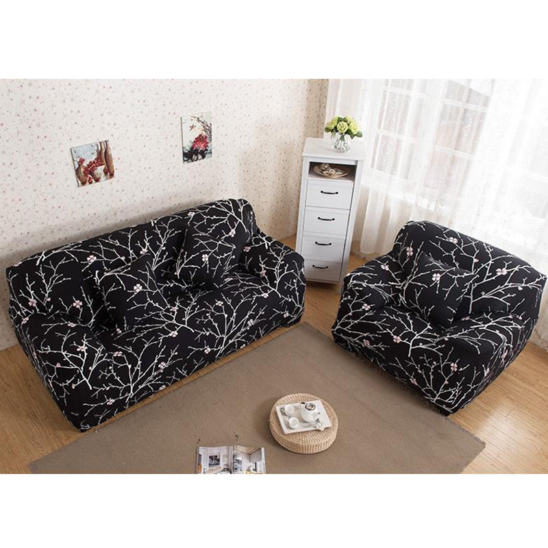 Housse pour canapé extensible 3 places, Mélange de polyester fleurs noires, H 45 po x l 90 po x P 30 po