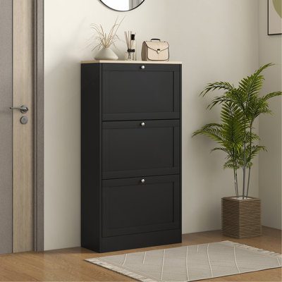 Narrow Shoe Storage Cabinet For Entryway With 3 Flip Drawers And Adjustable Shelves, Shoe Rack Organizer For 18 Pairs Of Shoes, Black