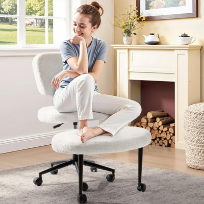 Ergonomic Cross Legged Office Chair With Wheels, Adhd Chair For Adults, Meditation Chair, Yoga Office Chair, Yoga Kneeling Chairs With Comfortable Back Support, Height Adjustable, Teddy Fabric(White)