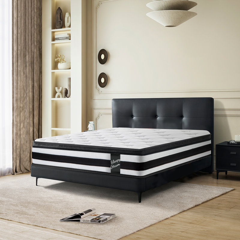 Matelas hybride moyen de 12 pouces avec mousse viscoélastique fraîche et ressorts ensachés, Lit double, Blanc/Noir